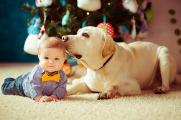 The small baby with dog lie on the carpet