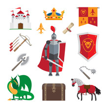 Medieval Kingdom Icons With Knight And Castle, Dragon And Crown Isolated On White Background. Vector Illustration