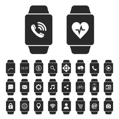Fototapete - Smartwatch icon set with different apps. Different smart watch screens with applications and notification. Vector isolated illustration.