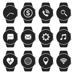 Fototapete - Smartwatch icon set with different apps. Different smart watch screens with applications and notification. Vector isolated illustration.