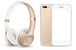 vector gold music headphones and smartphone