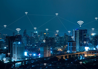 Wall Mural - City with connected line, internet of things conceptual