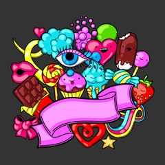 Fototapete - Kawaii background with sweets and candies. Crazy sweet-stuff in cartoon style