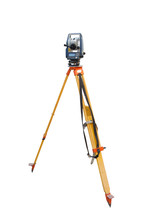 Tachymeter On Tripod A Total Station Or TST (total Station Theodolite) Is An Electronic/optical Instrument Used In Modern Surveying And Building Construction Isolated On White Background.