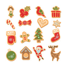 Christmas Cookies Set. Isolated Ginger Cookies With Decoration On White Background. Sweet And Delicious Holiday Gift. Santa, Christmas Tree, Deer, Toys And More.