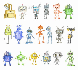 Poster - robots watercolor set isolated on white background