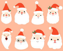 Cartoon Santa Claus Heads, Faces - Christmas Vector Illustration