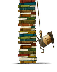 climbing a pile of books