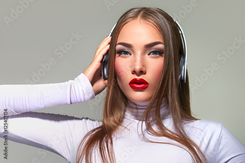 Girl With Big Headphones Listening To Music Brown Haired Woman