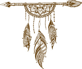 Poster - Dreamcatcher and arrow with feathers. Vector hand drawn illustration