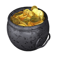 Old Pot of gold coins isolated on white. 3d illustration