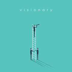 Business vision, leadership and teamwork concept vector background. Businessman standing on a ladder with monocular.