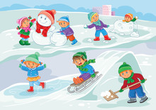Vector Illustration Of Little Children Playing Outdoors In Winter