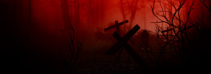 Wall Mural - dark horror forest gravestone background.