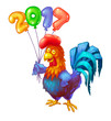© ulabagi - Rooster with a balloon cartoon character colorful illustration . New Year 2017 symbol design isolated