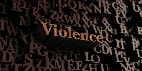 Poster - Violence - Wooden 3D rendered letters/message.  Can be used for an online banner ad or a print postcard.
