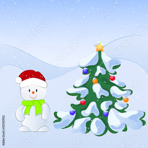 Vector Cartoon Illustration Of A Winter Scene With A Cute Snowman And Snow Covered Fir Tree New Year Illustration Buy This Stock Vector And Explore Similar Vectors At Adobe Stock