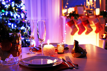 Wall Mural - Close up view of table set for Christmas dinner