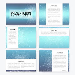 Poster - Blue set of vector presentation templates with molecule structure. Business and scientific design for cover brochure flyer leaflet marketing advertising.
