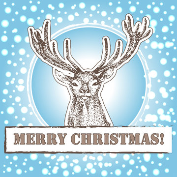 card with a deer and the words Merry Christmas. Postcard with animals and with snow. Christmas deer.