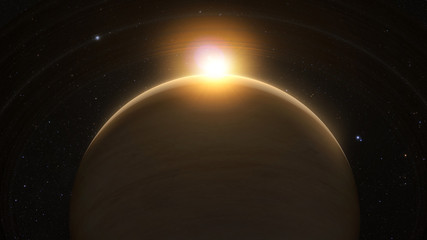 Wall Mural - planet saturn with rings at sunrise on the space background. 3d render.