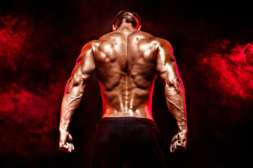 the back view of torso of attractive male body builder on dark smoky background.