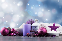 Spa Massage Setting, Lavender Product, Oil And Christmas Decoration On Wooden Background, Christmas Wellness Concept