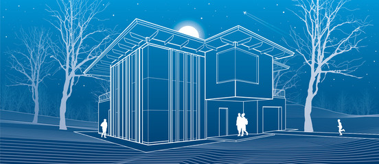 Modern house, people in the courtyard of his house. Architectural illustration, night scene, white lines, vector design art 