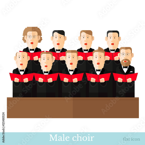 Flat style male choir in two raws with black suits and red cover notes