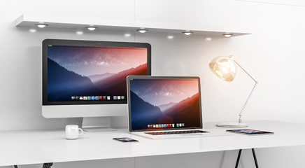 Poster - Modern white desk interior with computer and devices 3D renderin