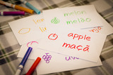 Fototapeta  - Portuguese; Learning New Language with Fruits Name Flash Cards