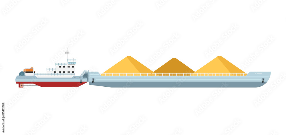 Tug boat moves cargo barge isolated on white background vector illustration. Freight ship side view. Commercial vessel in flat design. Logistics and transportation design element - obrazy, fototapety, plakaty 