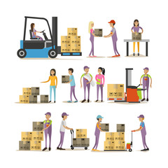 Vector set of delivery man characters isolated on white background. Logistic and transportation icons