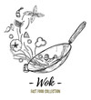 Hand drawn vector illustration - Wok. Wok pan, chinese noodles