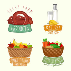 Wall Mural - Set of logos design with farm organic products. Vector illustration. Farm products labels in retro style used for advertising natural, organic products and homemade food.