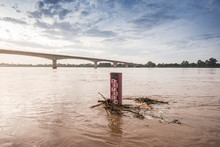 Water Level Indicator In Khong River Nongkhai Province Thailand. Near Thailand - Laos Friendship Bridge.