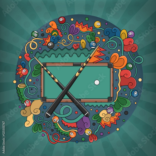 Vector hand drawn doodle template of billiard, pool and snooker for ...