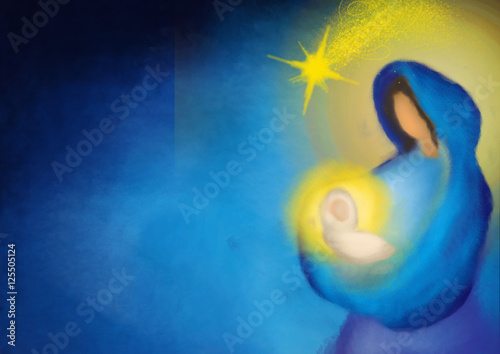 Fotomural Christmas religious nativity scene, Holy family abstract artistic watercolor ill
