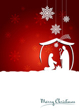 Christmas Nativity Holy Family Scene Paper Cut Out, On Red Background, With Snowflakes And Holidays Decorations, With Copy Space For Text.