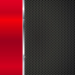 Poster - Background of polished red metal and black  mesh with   strip.