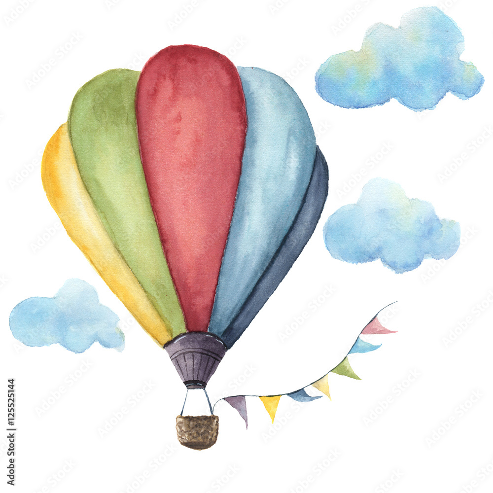 Ilustração do Stock Watercolor hot air balloon set. Hand drawn vintage air  balloons with flags garlands, clouds and retro design. Illustrations  isolated on white background | Adobe Stock, image size:1000x1000