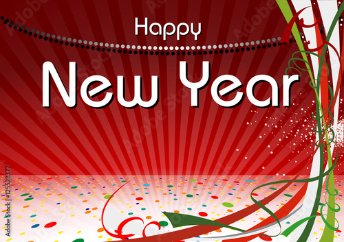 Happy New Year Background with Colorful Confetti and Light Beams Stripes - Ab...