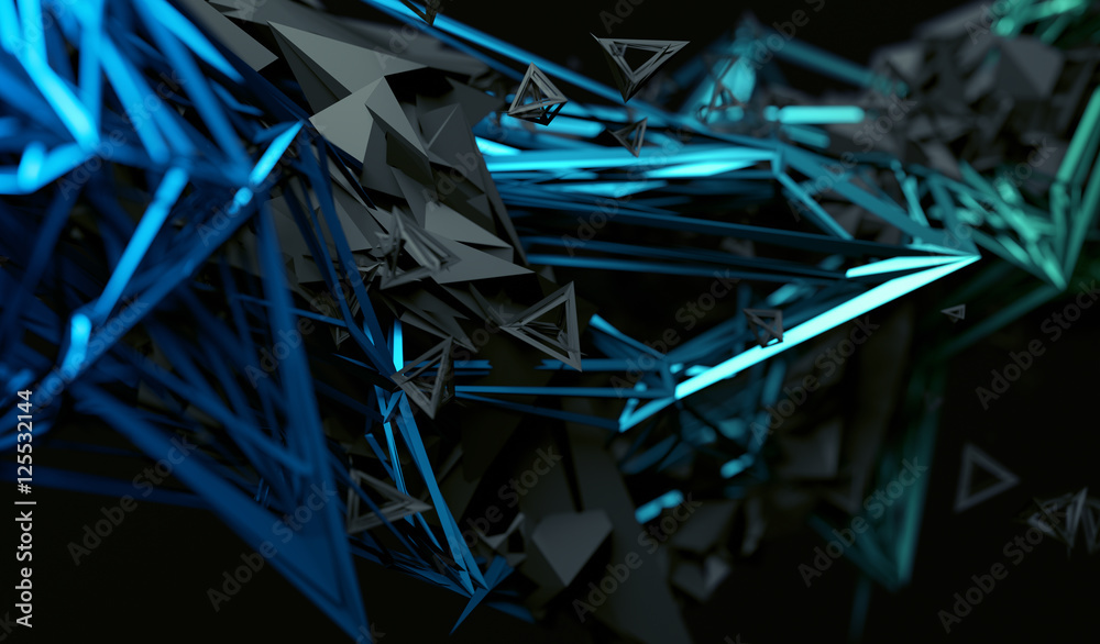 Abstract 3d rendering of chaotic surface. Contemporary background with futuristic polygonal shape. Distorted low poly object with sharp lines. - obrazy, fototapety, plakaty 