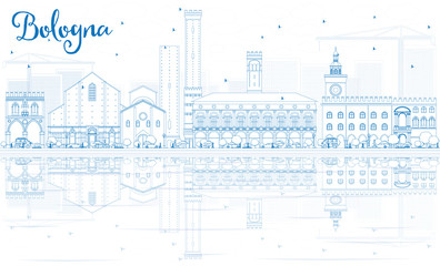 Outline Bologna Skyline with Blue Landmarks and Reflections.