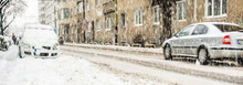 Extreme Snowfall In European City / City Street Covered With Snow During Heavy Winter Storm In One European Capital City