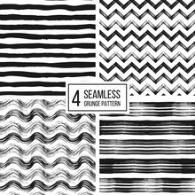 Set Of Grunge Seamless Pattern Of Black White Stripes, Waves, Zigzag Chevron, Texture Grunge Monochrome Lines, Wavy And Zig Zag Stripes, Hand Drawn Vector Pattern For Textile, Wallpaper, Web, Wrapping