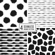 Set Of Grunge Seamless Pattern Of Black White Stripes, Polka Dots, Animal Spots, Texture Grunge Monochrome Lines, Circle, Point, Stroke, Hand Drawn Vector Pattern For Textile, Wallpaper, Web, Wrapping