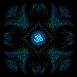decorative corners, blue green psychedelic floral geometric ornamental frame, divine hindu symbol om, black background, use opacity mask, vector EPS 10