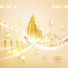 Skin Care Concept. UV Protection And Whitening Cream. Golden Bubbles With Letters Over Shining Background. Vector Illustration.