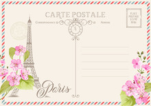 Old Blank Postcard With Post Stamps And Eiffel Tower With Spring Flowers On The Top. Vector Illustrtion.